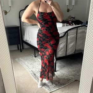 Commense Red and Black Floral Maxi Dress